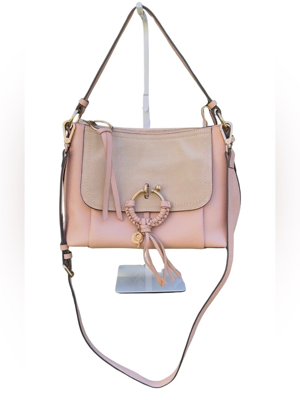 See by Chloe Blush Taupe Joan Suede Pebble Leather Shoulder Crossbody Hobo w/COA